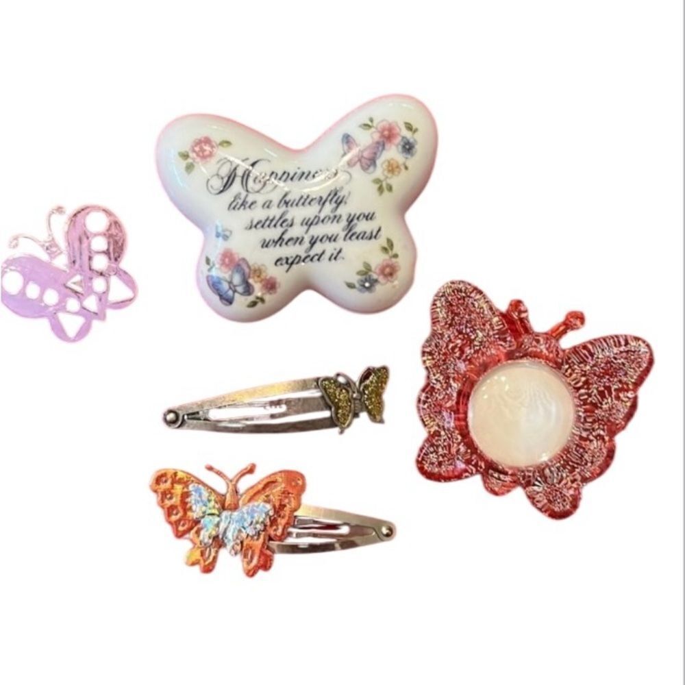 Vintage butterfly porcelain Avon lidded box butterfly photo magnet 2 hair clips